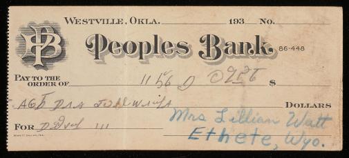  Peoples Bank check to Mrs Lillian Watt 