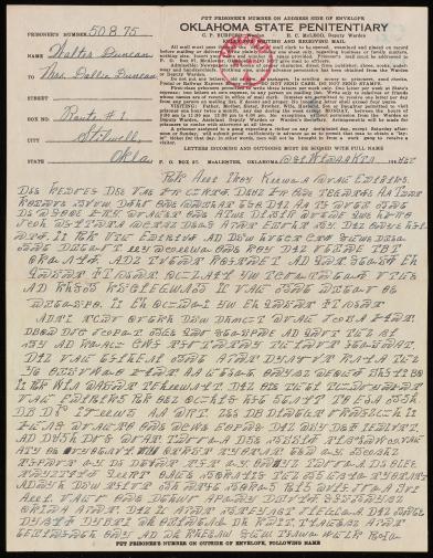  Letter to Dollie Duncan on Oklahoma State Penitentiary stationary 