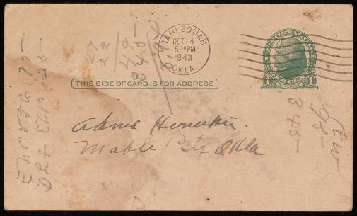  Postcard to Adam Hendricks, Mable City Okla. 