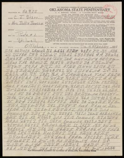  Letter to Dollie Duncan on Oklahoma State Penitentiary stationary 