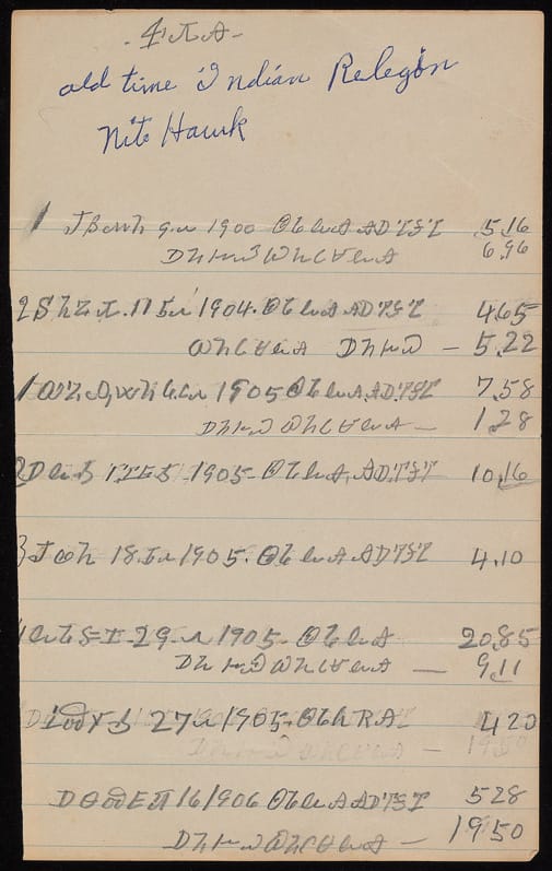  Old Time Indian Religion Nite Hawk, with eight sets of dates and numbers 