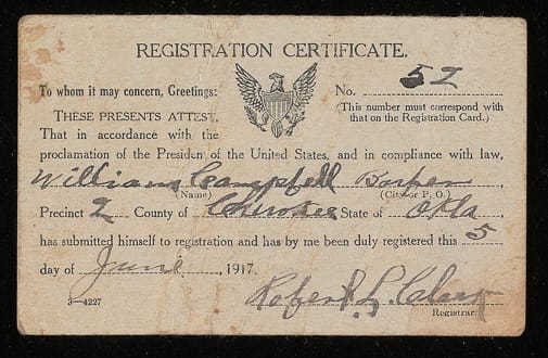  US Registration Certificate for William Campbell of Barber OK (in English) 