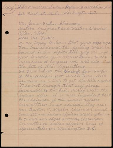  Letter from American Indian Defense Association to Mr. James Foster (Tsuwanosgi Atsila). 
