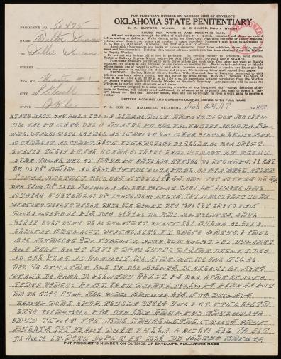  Letter to Dollie Duncan on Oklahoma State Penitentiary stationary 