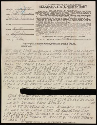  Letter to Dollie Duncan on Oklahoma State Penitentiary stationary 